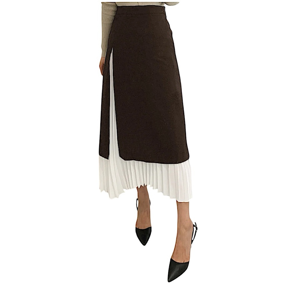 Commense Midi XL/12 Two Tone Pleated Split Long Skirt High Waist Work Wear